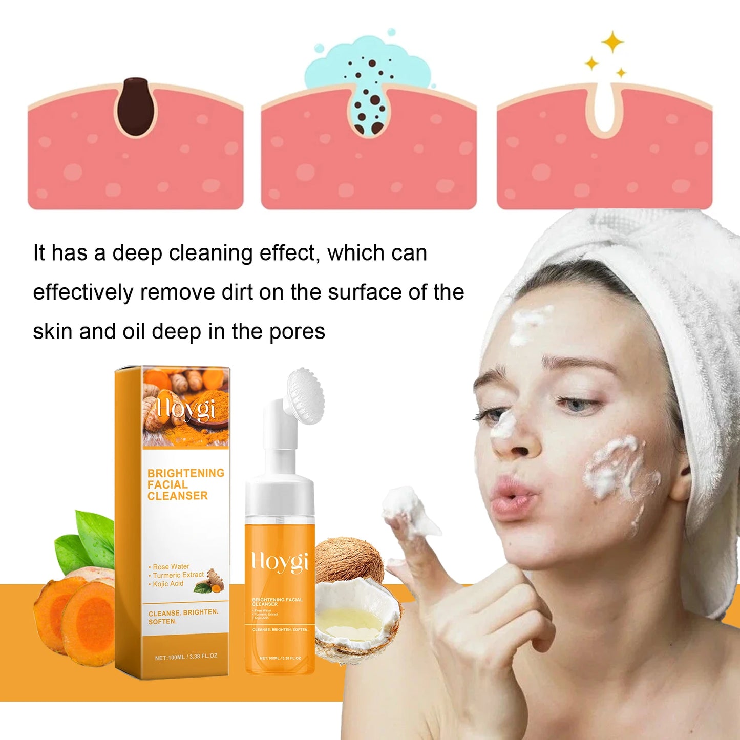 Limpiador facial espumoso de cúrcuma Hoygi™: limpieza profunda, piel radiante y limpia